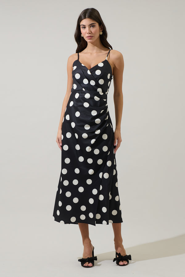 sugarlips Derba Polka Dot Pleated Satin Midi Dress