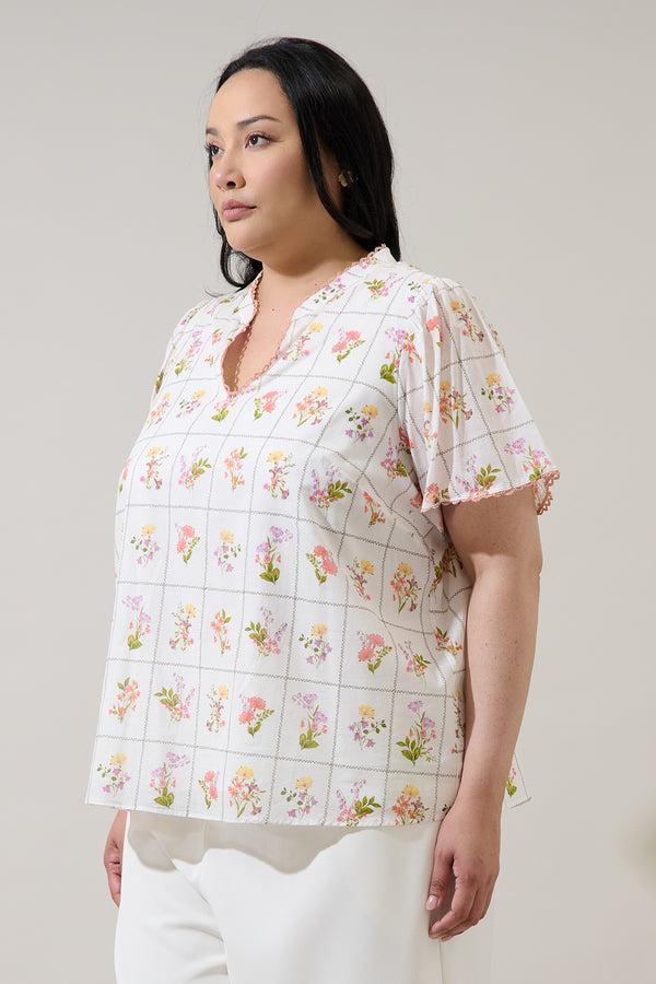 Sugarlips Diane Floral Hilda Split Neck Top Curve