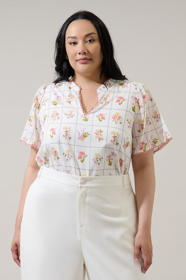 sugarlips Diane Floral Hilda Split Neck Top Curve