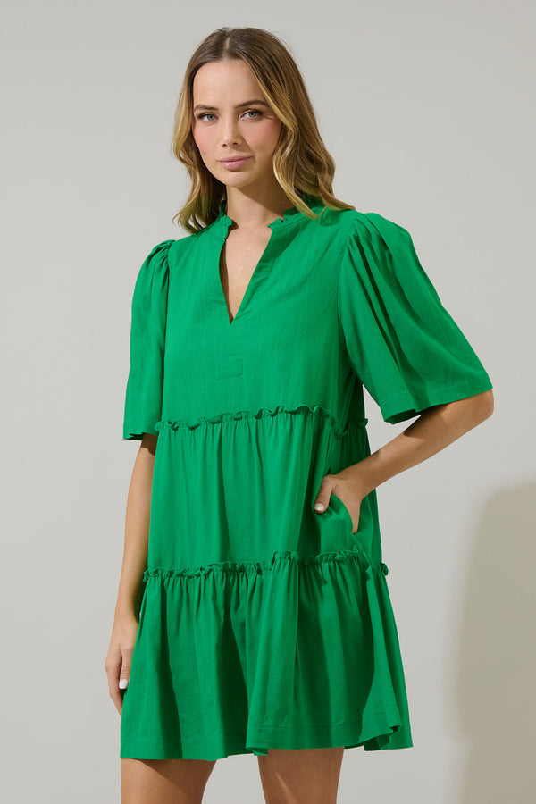 Sugarlips Dixie Split Neck Linen Shift Dress