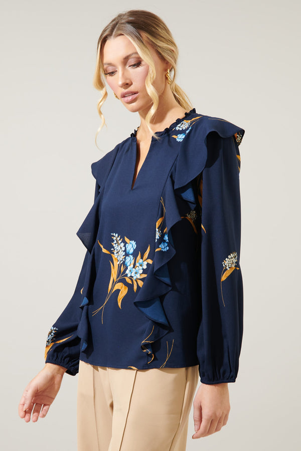 Sugarlips Dusk Bloom Floral Wilhem Ruffle Blouse