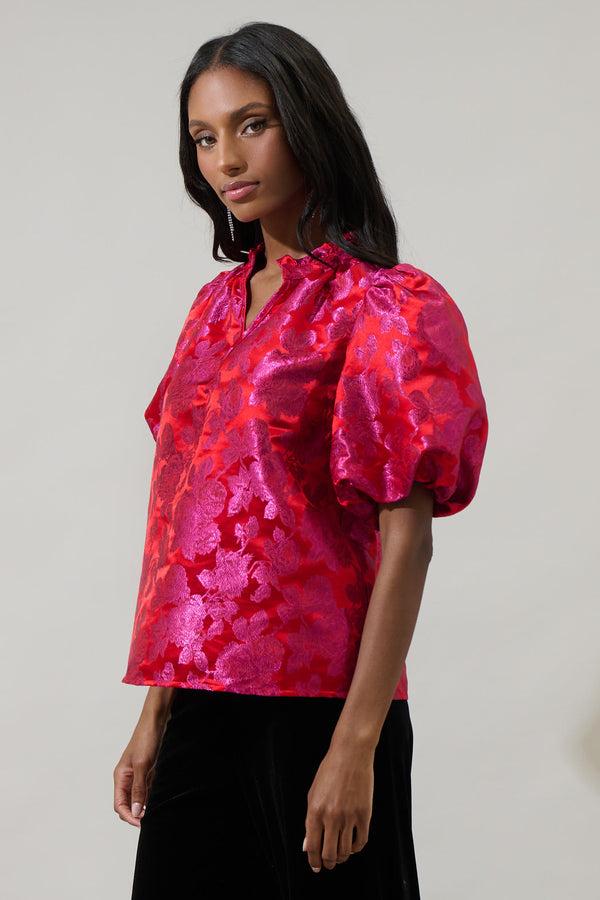 Sugarlips Duson Floral Jacquard Split Neck Top