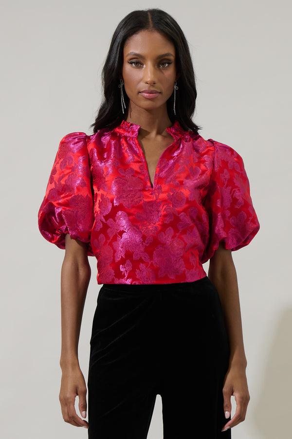 sugarlips Duson Floral Jacquard Split Neck Top