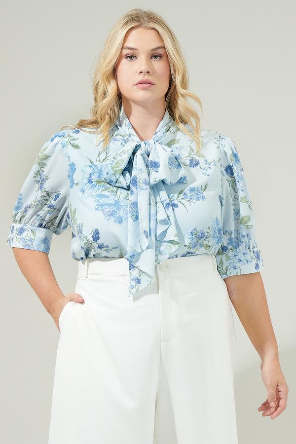 sugarlips Dusty Floss Floral Neck Tie Blouse Curve