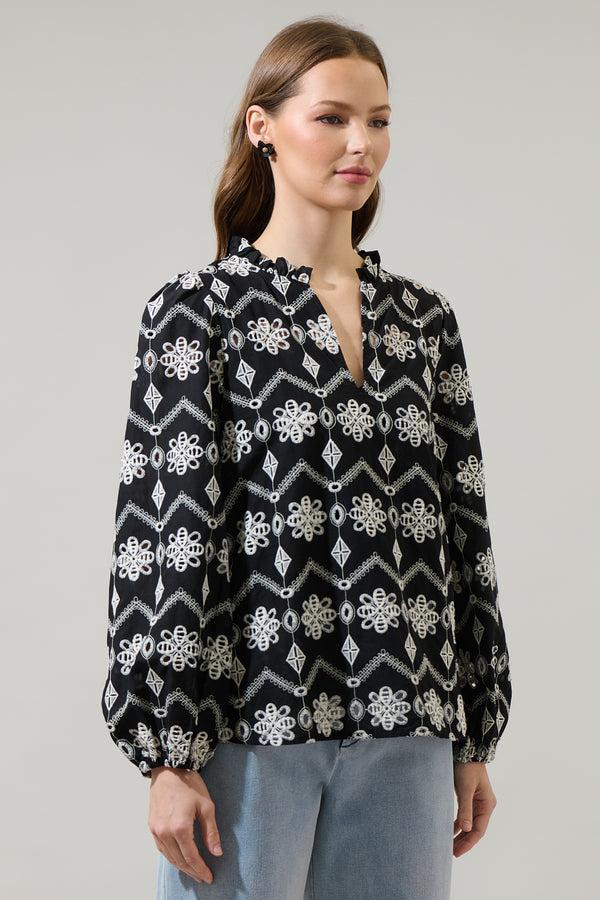 Sugarlips Elle Floral Eyelet Long Sleeve Top