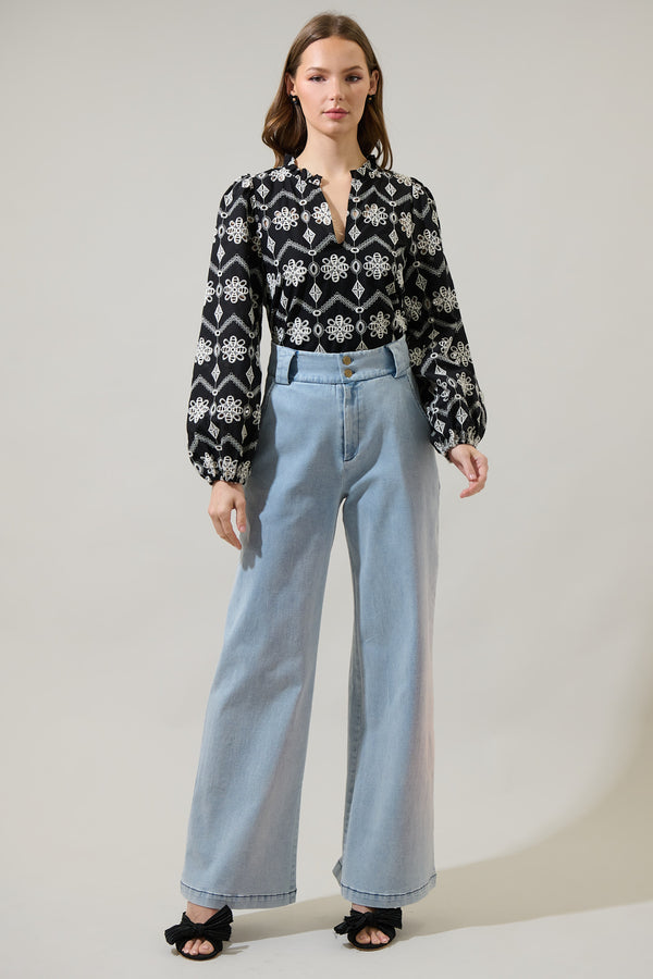 Sugarlips Elle Floral Eyelet Long Sleeve Top