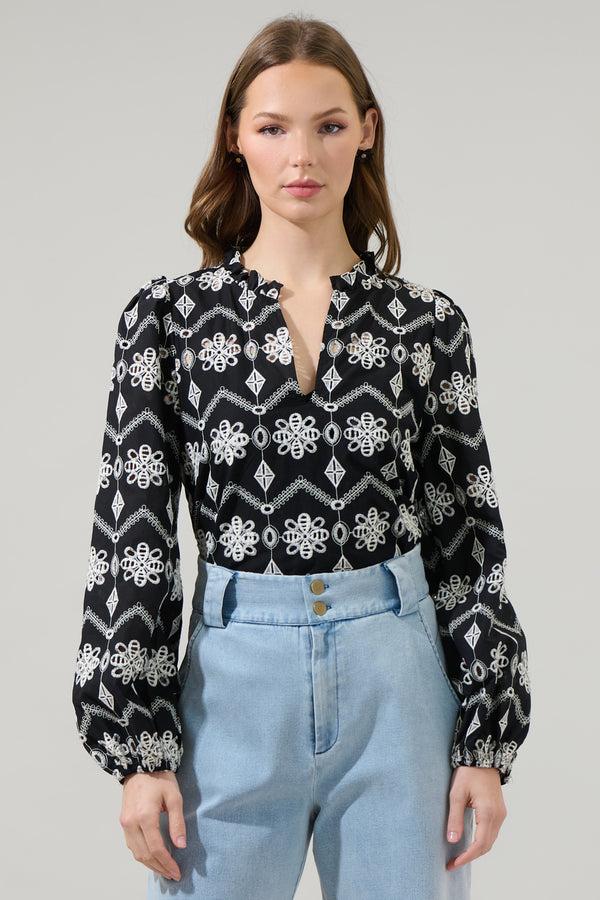 sugarlips Elle Floral Eyelet Long Sleeve Top