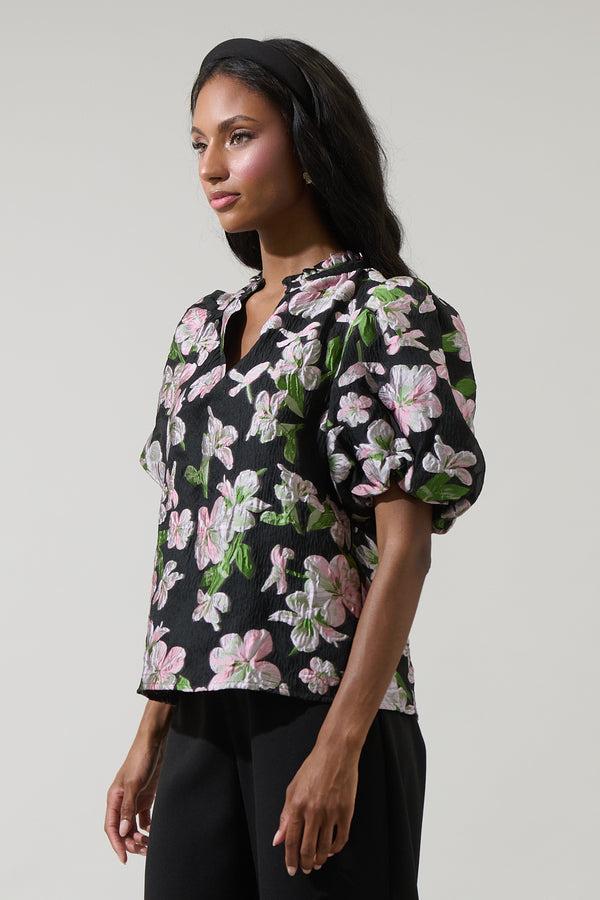 Sugarlips Elsinore Floral Jacquard Split Neck Top