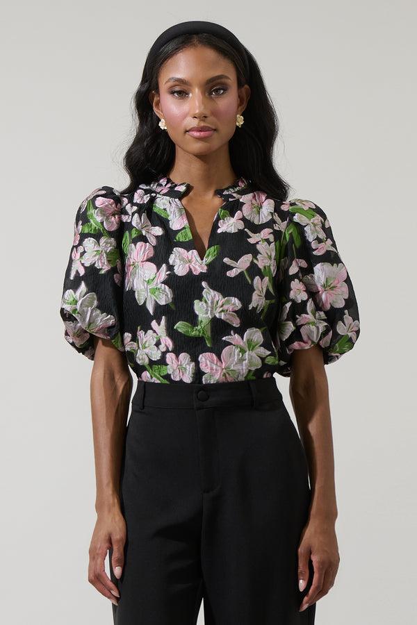 sugarlips Elsinore Floral Jacquard Split Neck Top