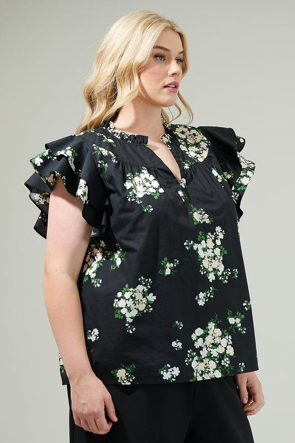 Sugarlips Emery Floral Split Neck Top Curve