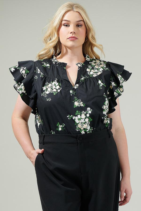 sugarlips Emery Floral Split Neck Top Curve