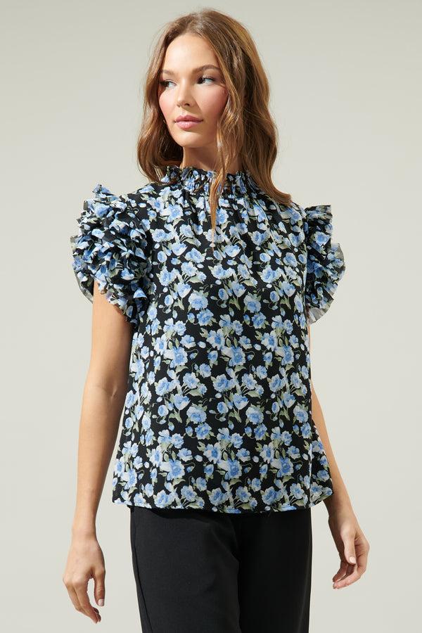 Sugarlips Endless Floral Mock Neck Ruffle Blouse