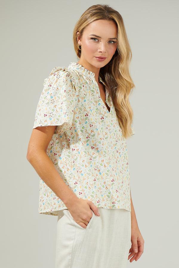 Sugarlips Esme Floral Mei Split Neck Eyelet Top