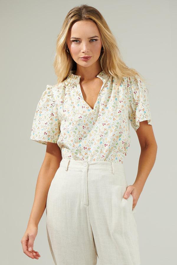 sugarlips Esme Floral Mei Split Neck Eyelet Top