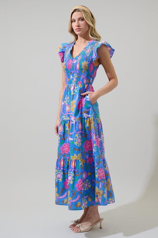 Sugarlips Faro Floral Sunfire Tiered Midi Dress
