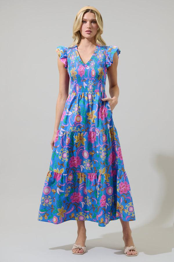 sugarlips Faro Floral Sunfire Tiered Midi Dress