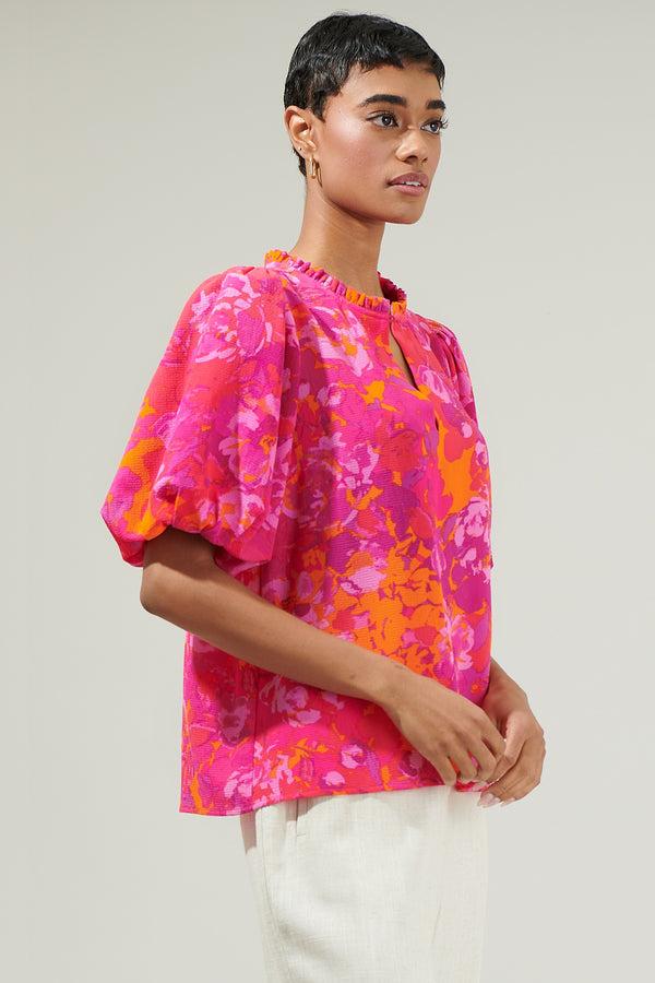 Sugarlips Flirty Floral Split Neck Blouse