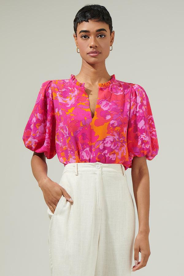 sugarlips Flirty Floral Split Neck Blouse