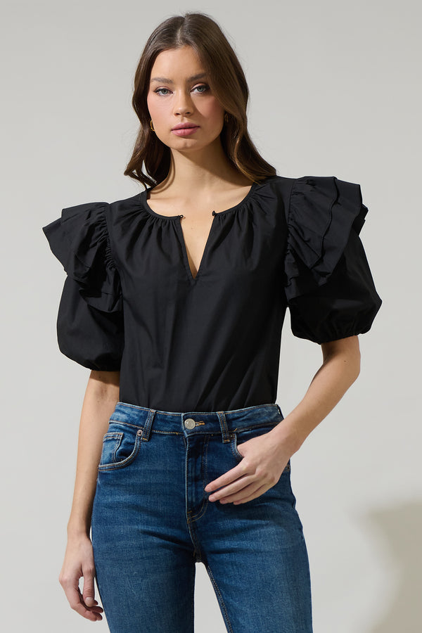 sugarlips Flores Poplin Ruffle Short Sleeve Top