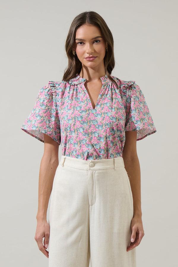 sugarlips Gemalee Eyelet Mei Split Neck Top