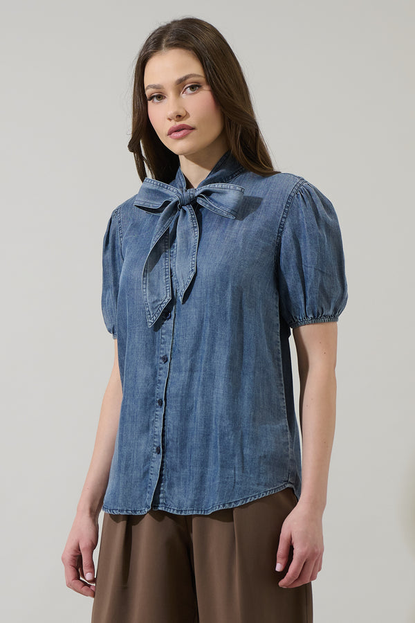 Sugarlips Georgina Chambray Button Front Bow Top