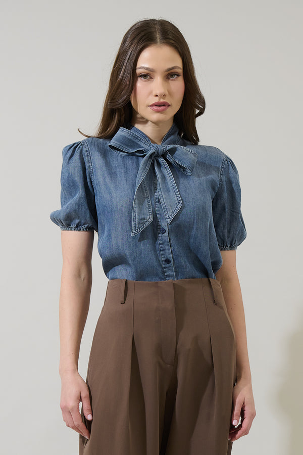 sugarlips Georgina Chambray Button Front Bow Top