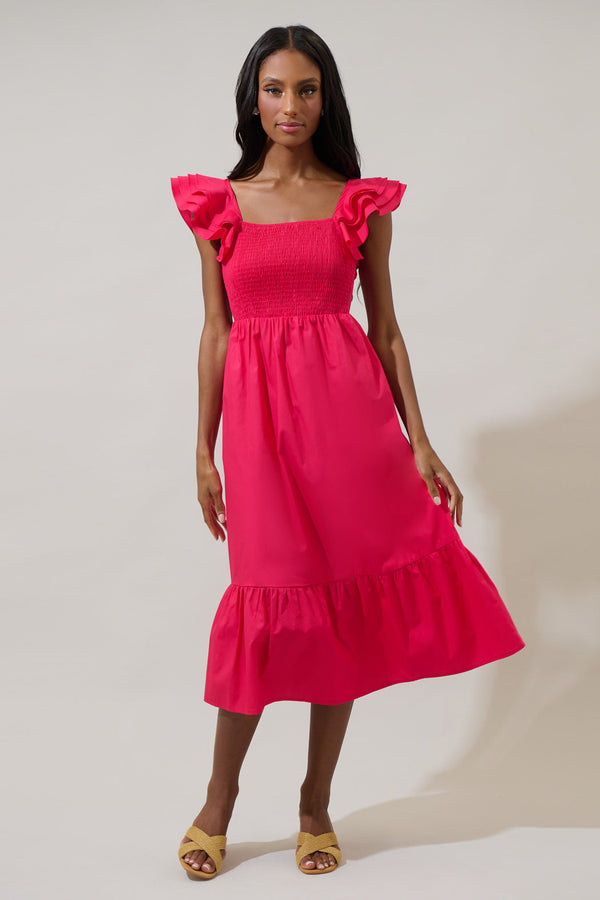 sugarlips Girona Smocked Ruffle Midi Dress