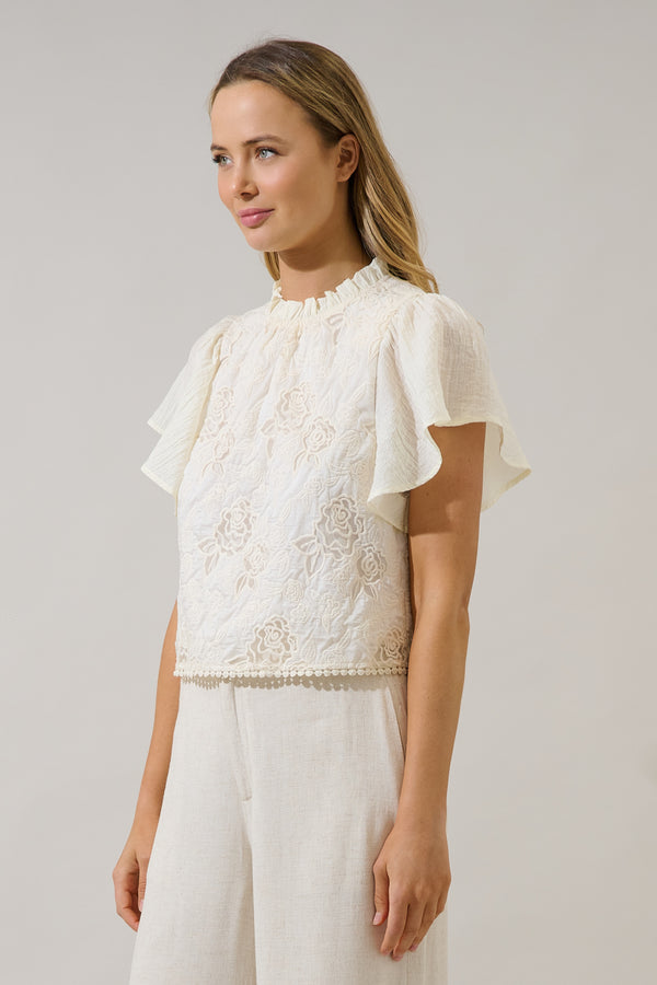 Sugarlips Gretal Embroidered Flutter Sleeve Top