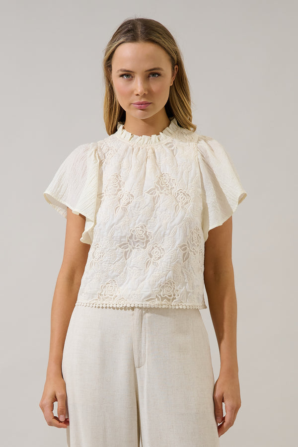 sugarlips Gretal Embroidered Flutter Sleeve Top