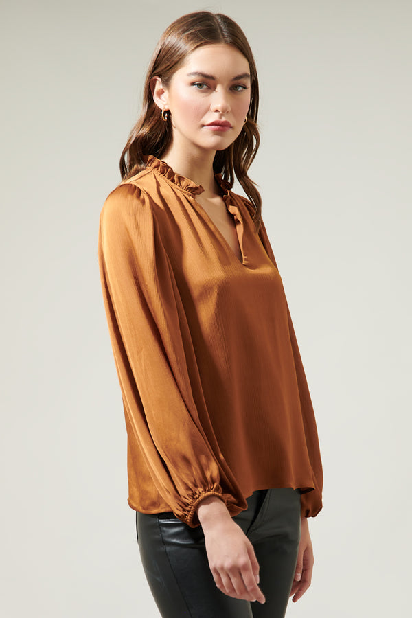 Sugarlips Hathaway Split Neck Long Sleeve Blouse