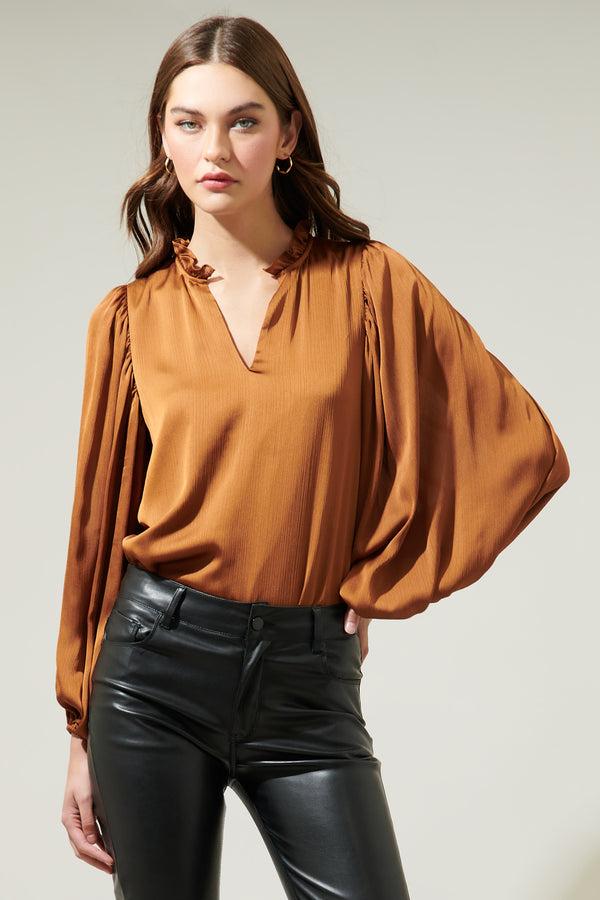 sugarlips Hathaway Split Neck Long Sleeve Blouse