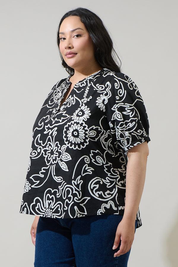 Sugarlips Haylie Floral Neli Split Neck Top Curve