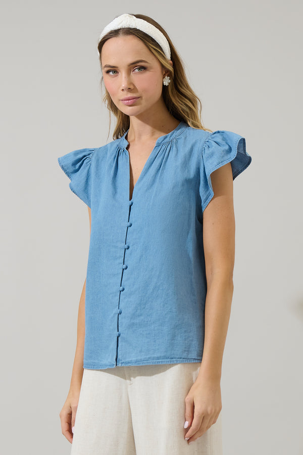 Sugarlips Haysville Chambray Split Neck Top