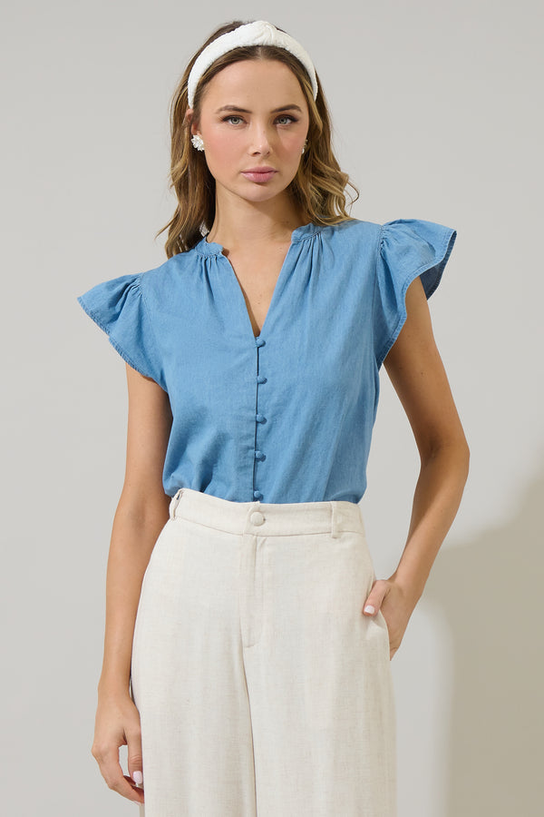 sugarlips Haysville Chambray Split Neck Top