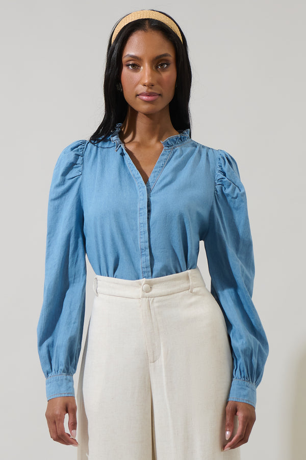 sugarlips Haysville Denim Laye Button Down Top