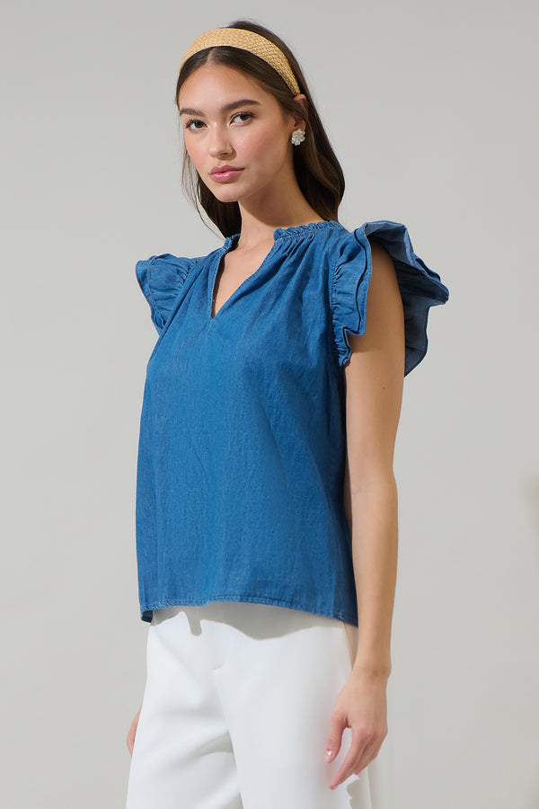 Sugarlips Haysville Risette Ruffle Split Neck Top