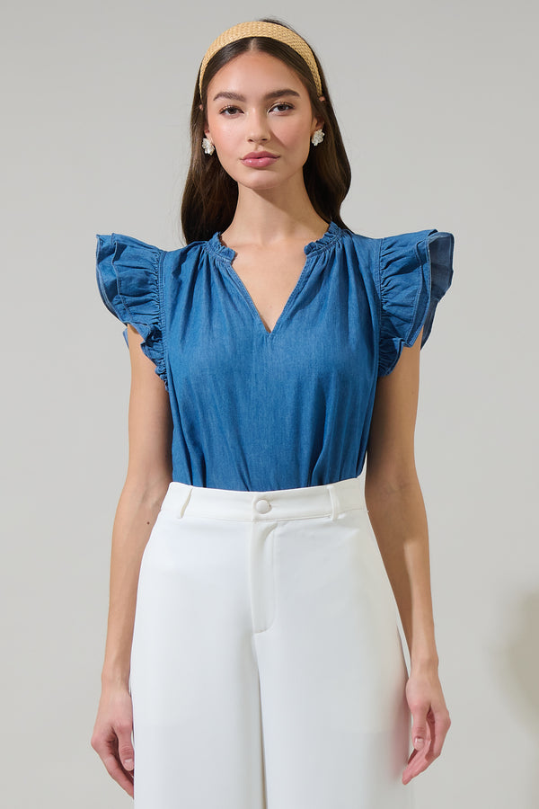 sugarlips Haysville Risette Ruffle Split Neck Top