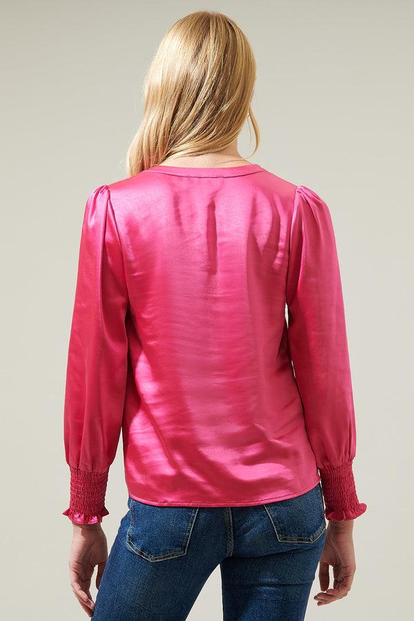 Sugarlips Henley Satin Long Sleeve Blouse