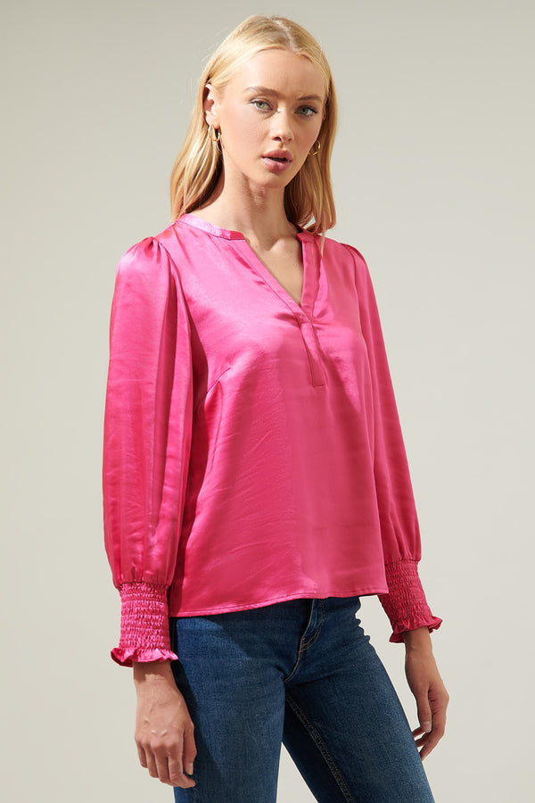 Sugarlips Henley Satin Long Sleeve Blouse