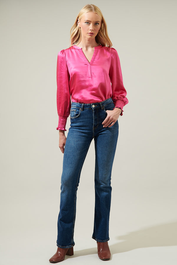 Sugarlips Henley Satin Long Sleeve Blouse