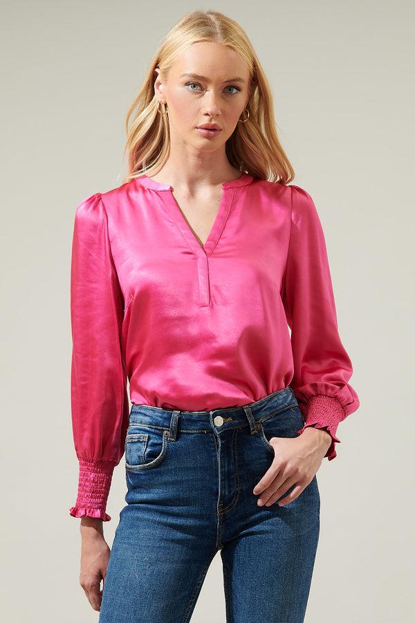 sugarlips Henley Satin Long Sleeve Blouse