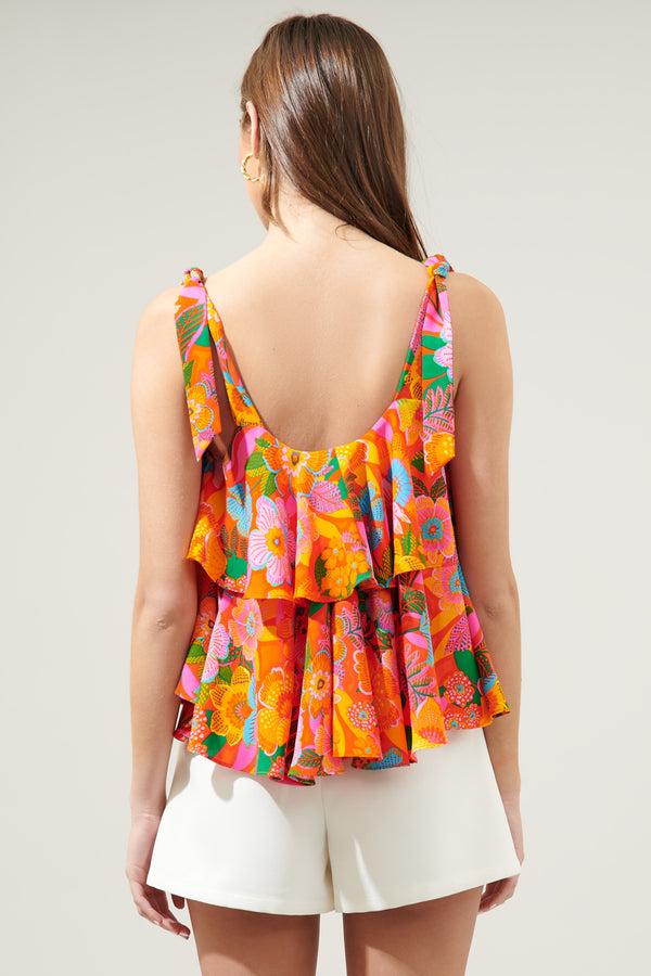 Sugarlips Idalia Floral Sloan Tie Strap Ruffle Top