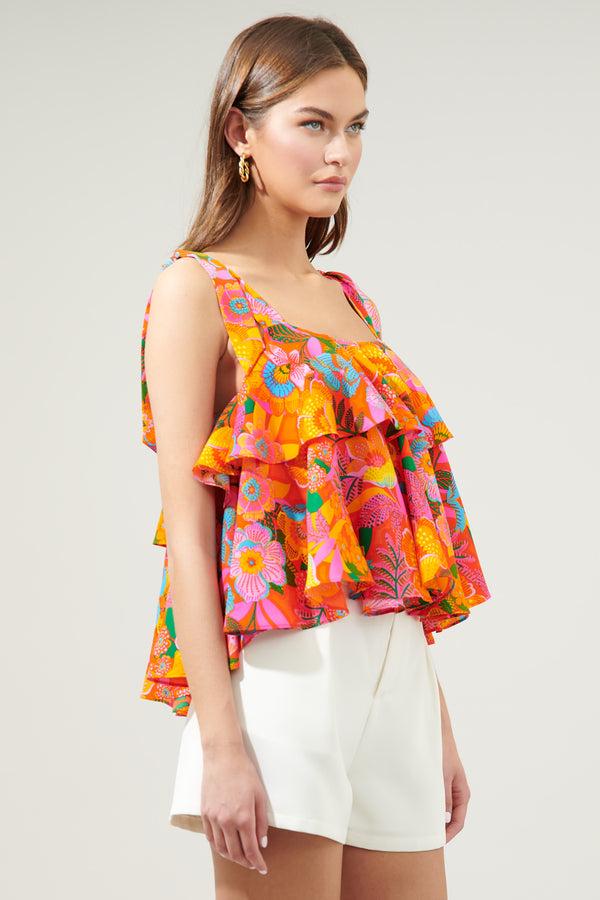 Sugarlips Idalia Floral Sloan Tie Strap Ruffle Top