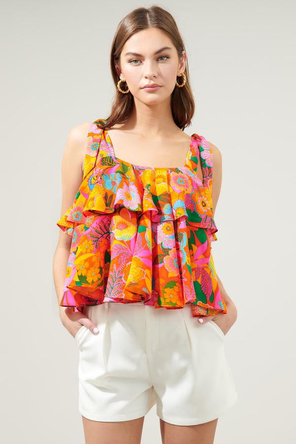 sugarlips Idalia Floral Sloan Tie Strap Ruffle Top