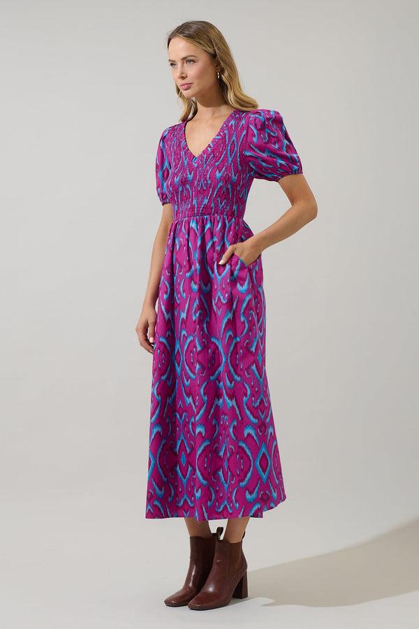 Sugarlips Ivani Abstract Brenty Smocked Midi Dress