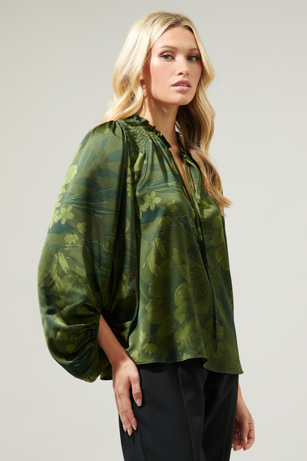 Sugarlips Ivy Tropics Sonora Smocked Satin Blouse