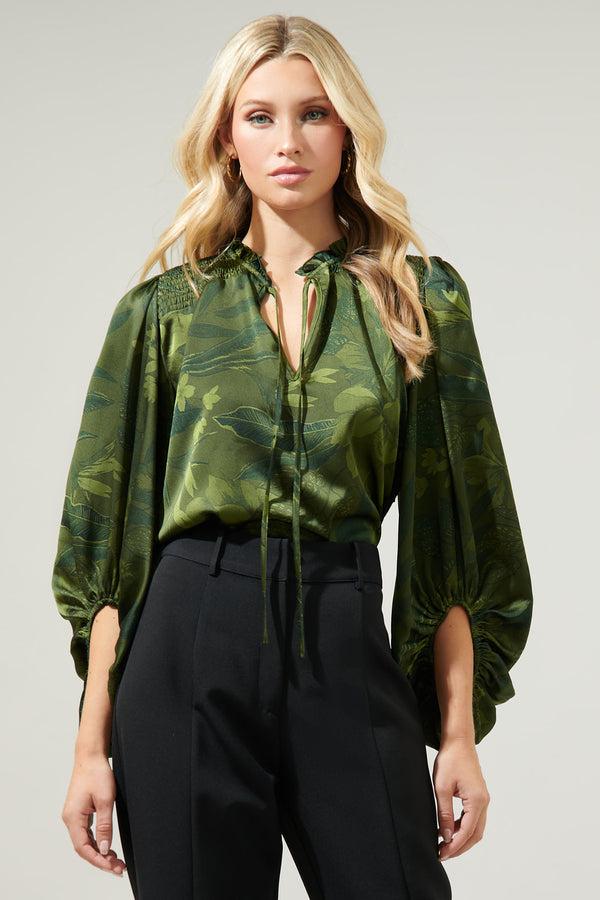sugarlips Ivy Tropics Sonora Smocked Satin Blouse