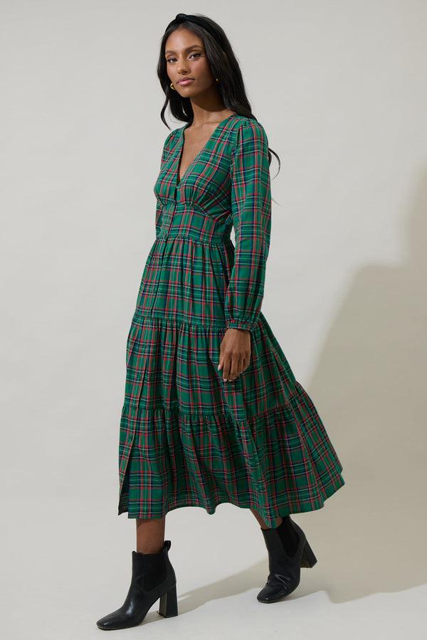 Sugarlips Jace Plaid Shely Button Down Midi Dress