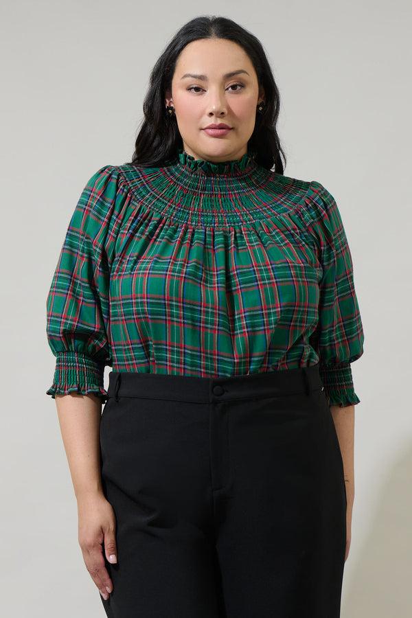 sugarlips Jace Plaid Verity Smocked Top Curve