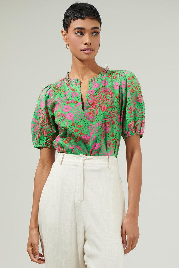 Sugarlips Jade Floral Kenni Split Neck Top